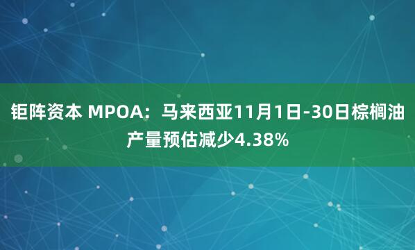 钜阵资本 MPOA：马来西亚11月1日-30日棕榈油产量预估减少4.38%